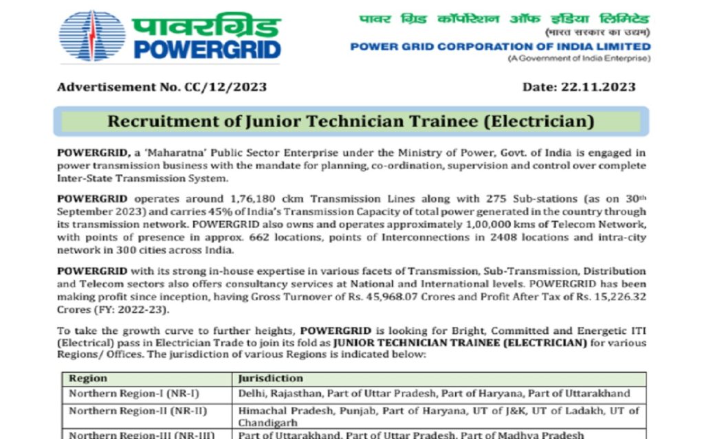 PGCIL Recruitment 2023 For Junior Technician Trainee Posts