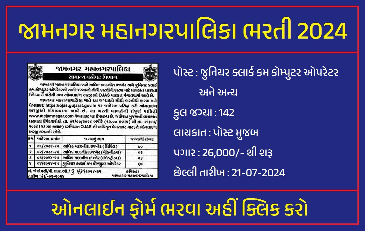 Jamnagar Municipal Corporation Bharti 2024