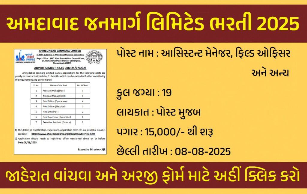 Ahmedabad Janmarg Limited Recruitment 2025
