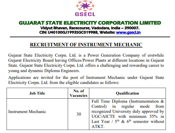 GSECL Instrument Mechanic Recruitment 2025