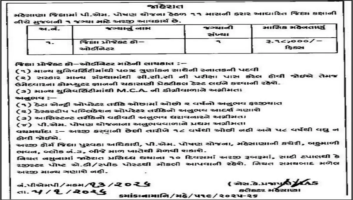 PM Poshan Yojana Mehsana Recruitment 2026