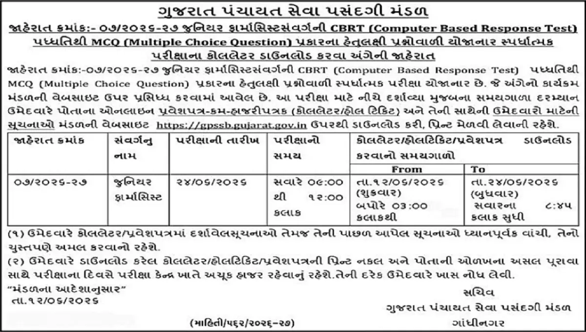 GPSSB Junior Pharmacist Call Letter 2026