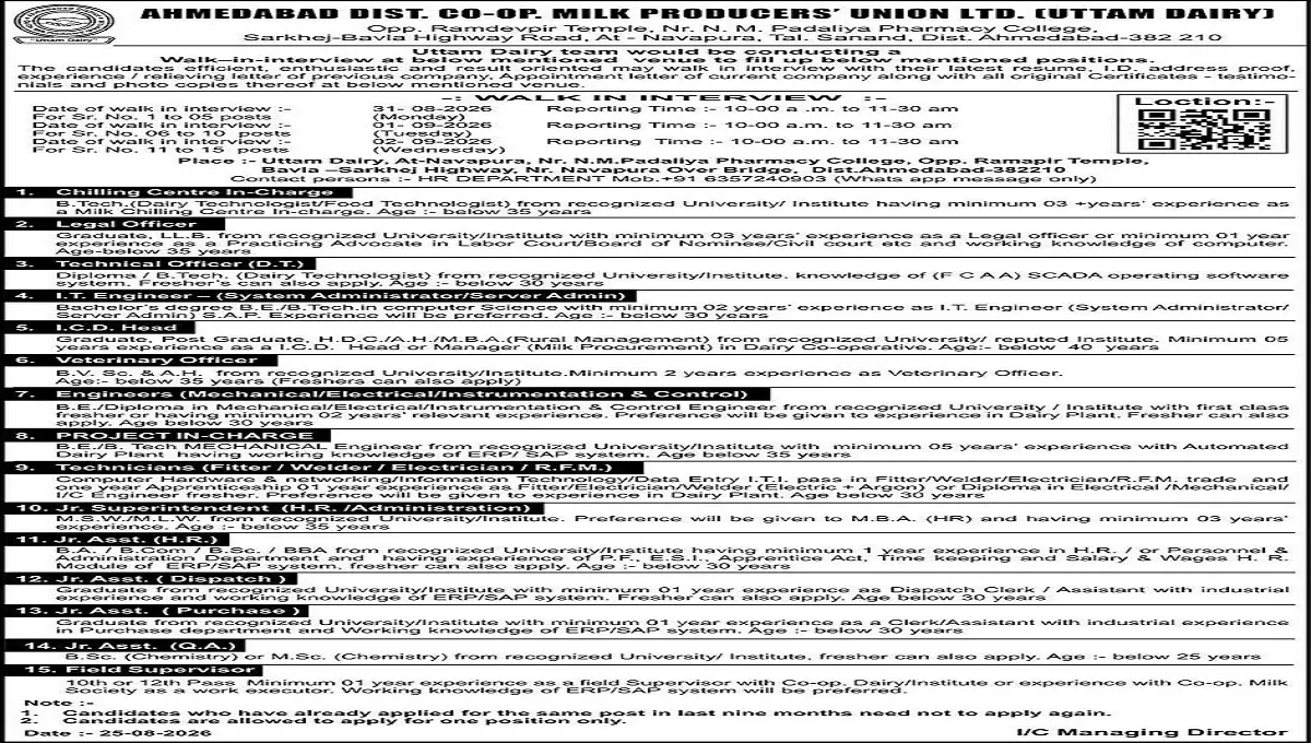 Uttam Dairy Recruitment 2026