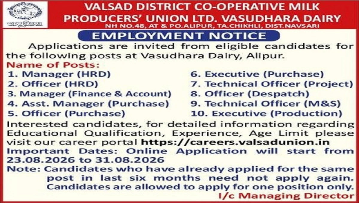 Vasudhara Dairy Recruitment 2026